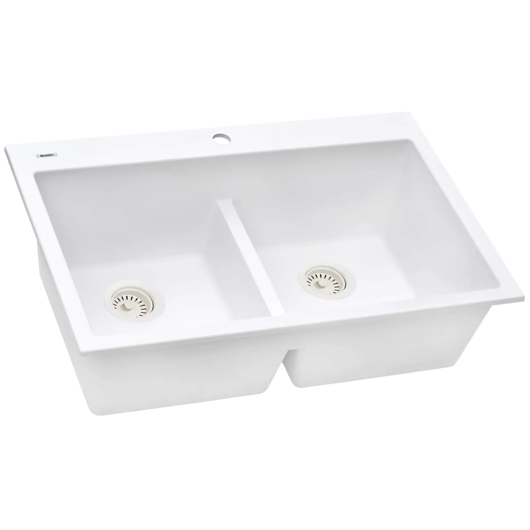 Ruvati epiGranite 33" Drop-in Topmount Granite Composite Kitchen Sink, 50/50 Low Divide Double Bowl, Arctic White, RVG1385WH