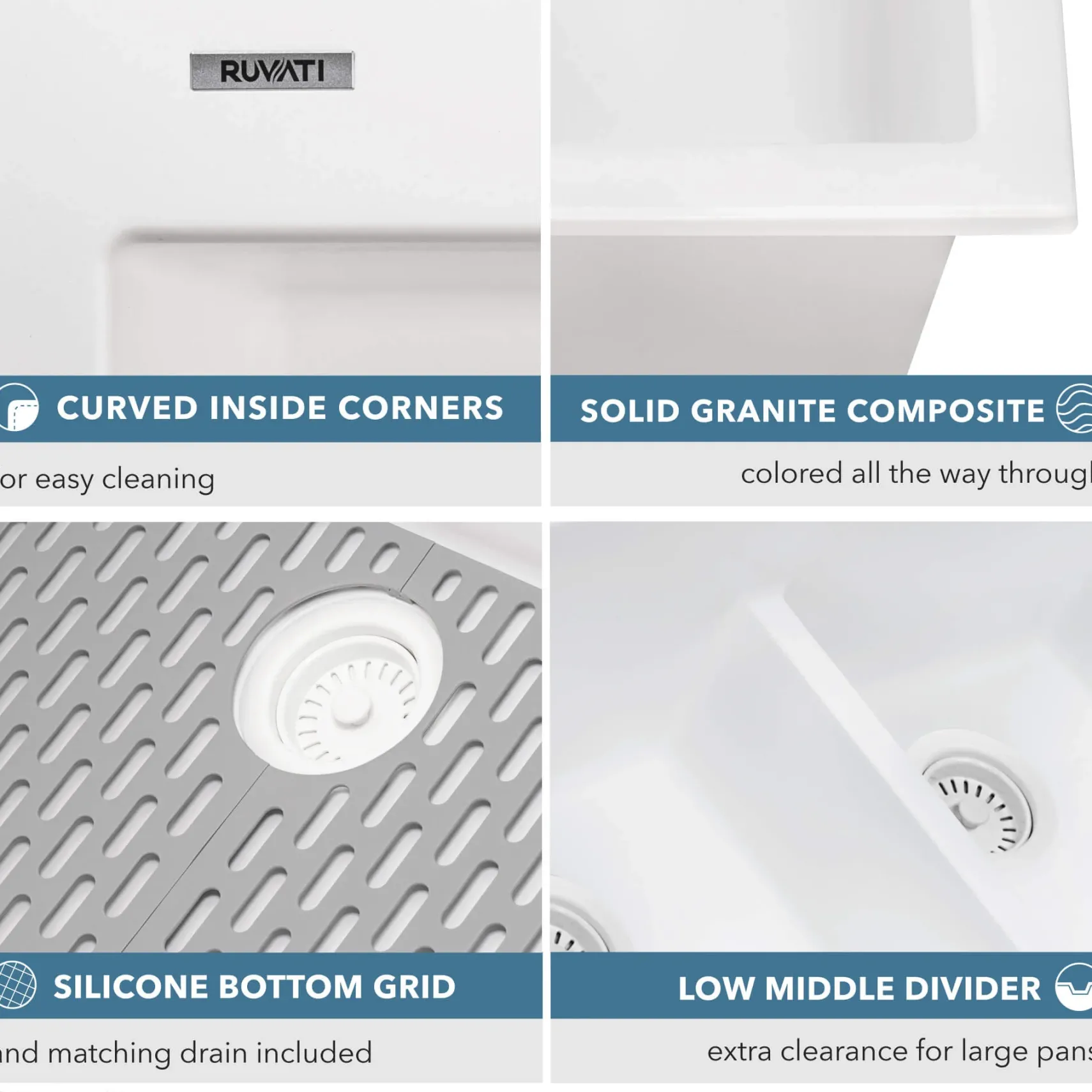 Ruvati epiGranite 33" Drop-in Topmount Granite Composite Kitchen Sink, 50/50 Low Divide Double Bowl, Arctic White, RVG1385WH