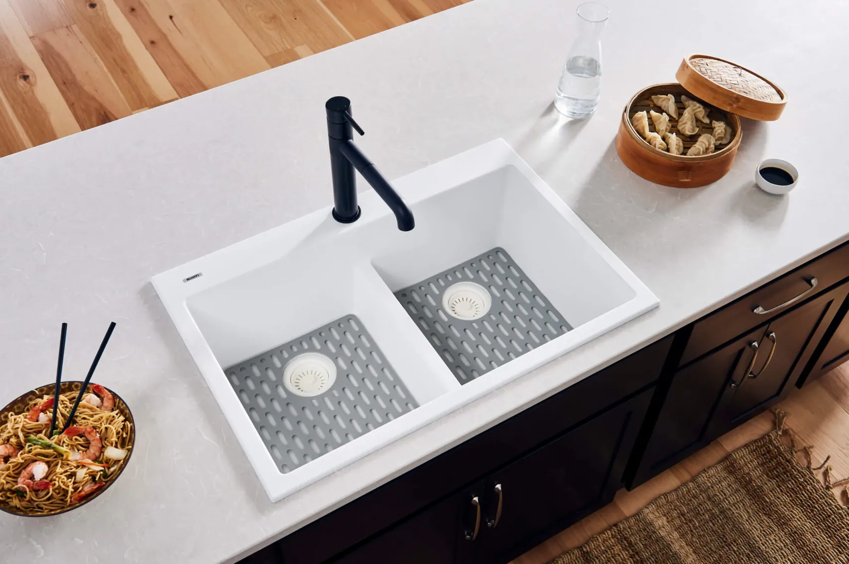 Ruvati epiGranite 33" Drop-in Topmount Granite Composite Kitchen Sink, 50/50 Low Divide Double Bowl, Arctic White, RVG1385WH