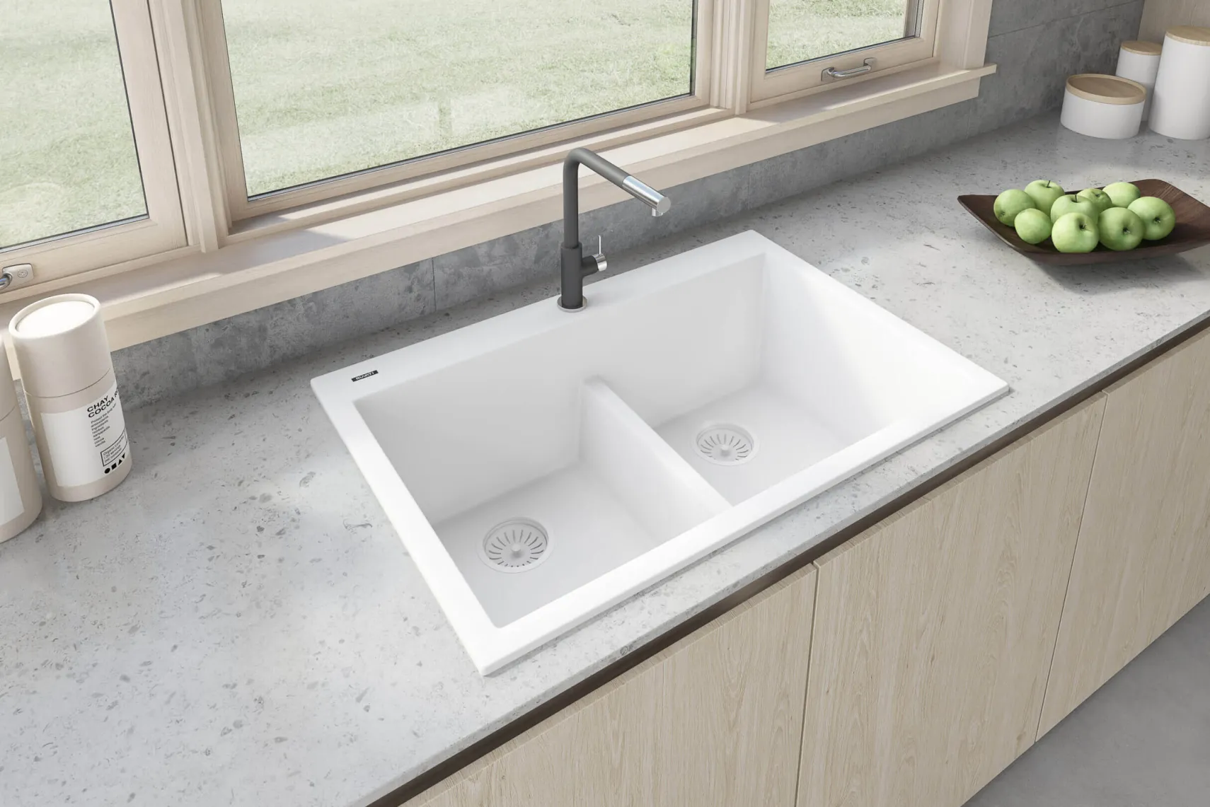 Ruvati epiGranite 33" Drop-in Topmount Granite Composite Kitchen Sink, 50/50 Low Divide Double Bowl, Arctic White, RVG1385WH