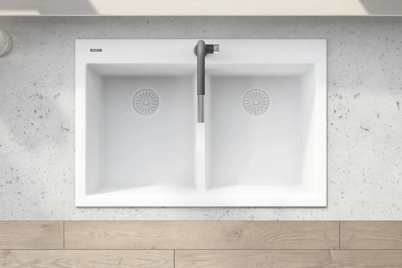 Ruvati epiGranite 33" Drop-in Topmount Granite Composite Kitchen Sink, 50/50 Low Divide Double Bowl, Arctic White, RVG1385WH