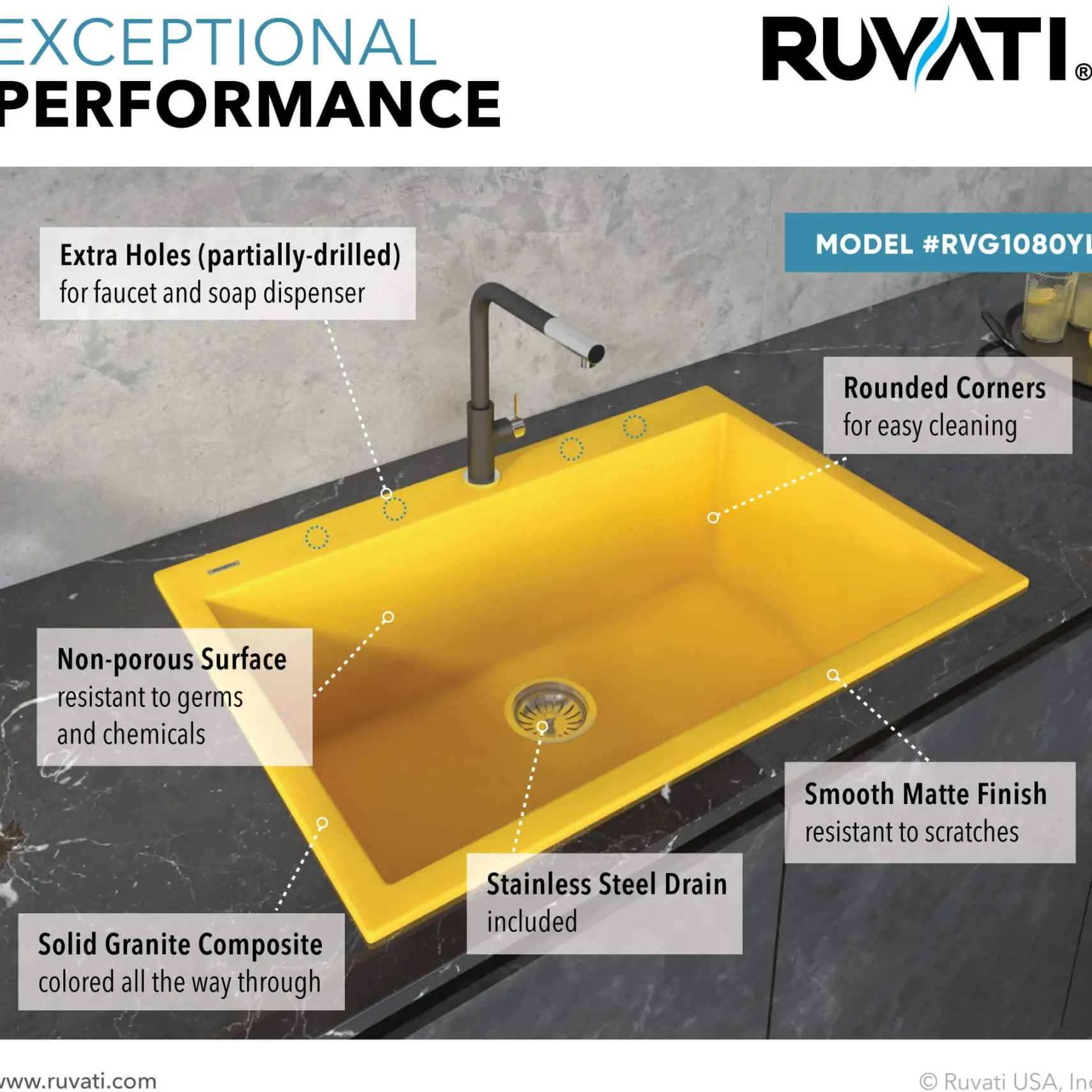 Ruvati epiGranite 33" Drop-in Topmount Granite Composite Kitchen Sink, Midas Yellow, RVG1080YL