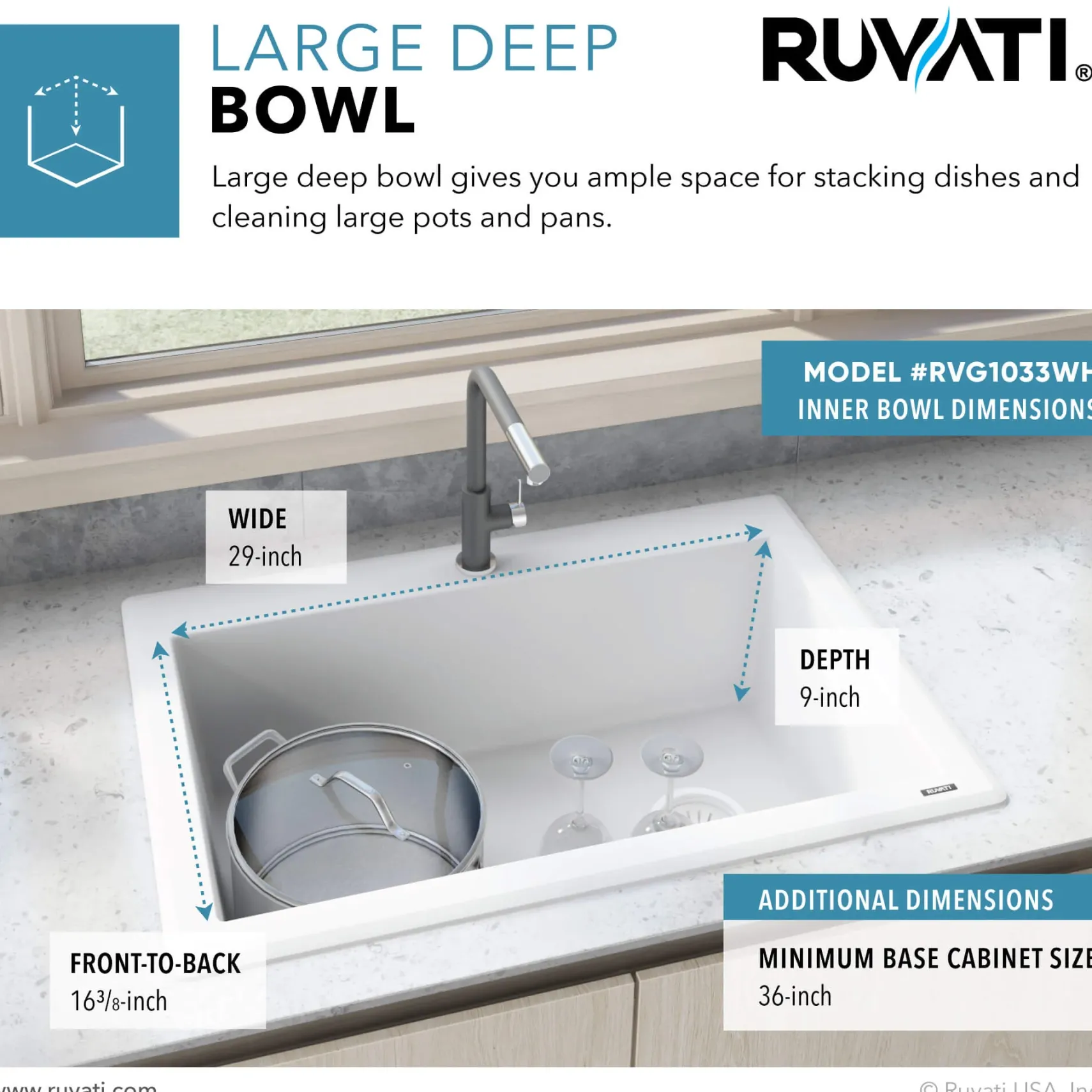 Ruvati epiGranite 33" Drop-in Topmount Granite Composite Kitchen Sink, Arctic White, RVG1033WH