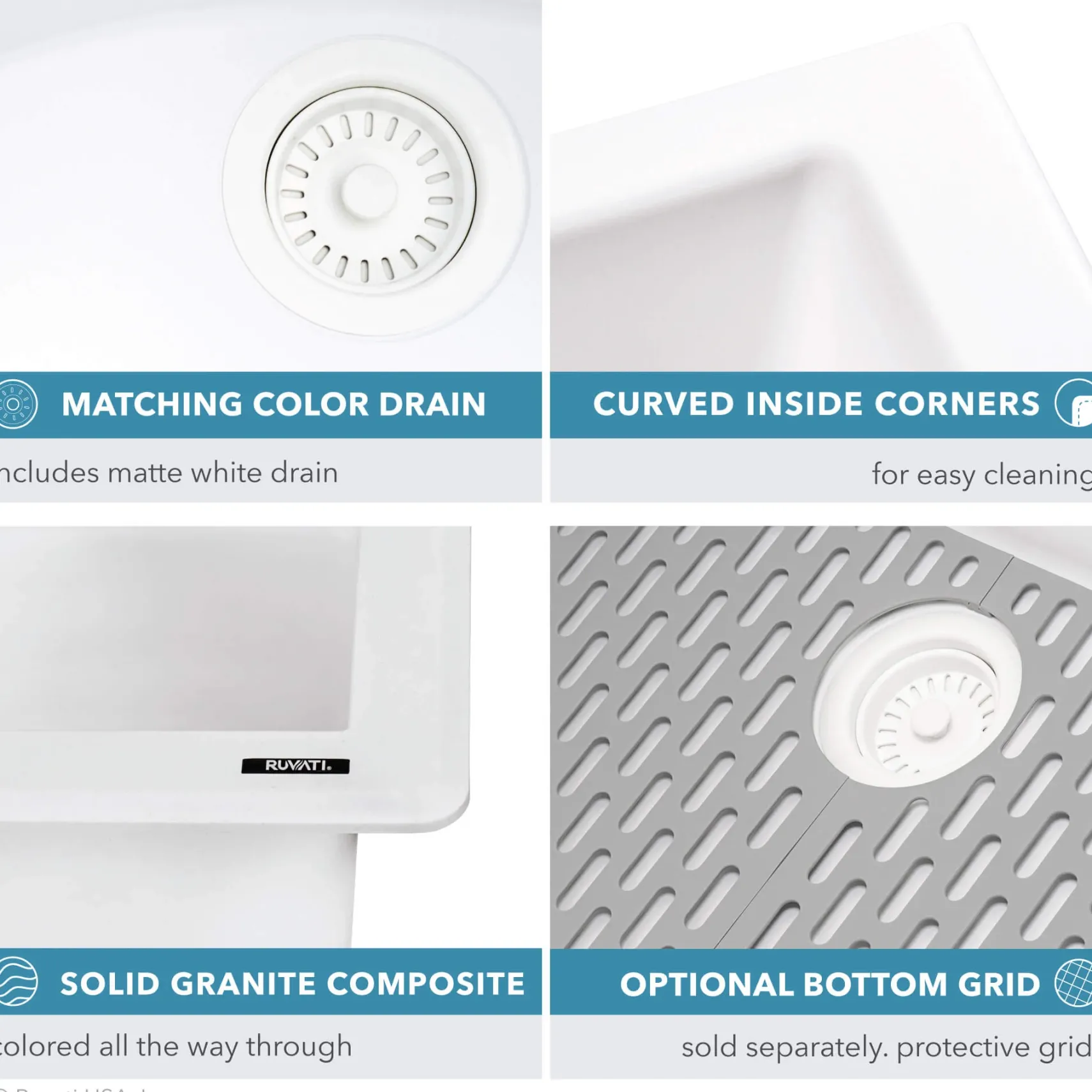 Ruvati epiGranite 33" Drop-in Topmount Granite Composite Kitchen Sink, Arctic White, RVG1033WH
