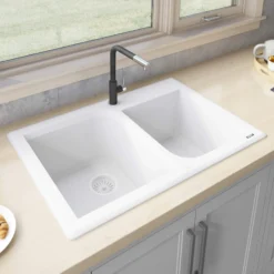 Ruvati epiGranite 33" Dual-Mount Granite Composite Kitchen Sink, 55/45 Double Bowl, Arctic White, RVG1396WH