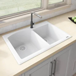 Ruvati epiGranite 33" Dual-Mount Granite Composite Kitchen Sink, 55/45 Double Bowl, Arctic White, RVG1344WH