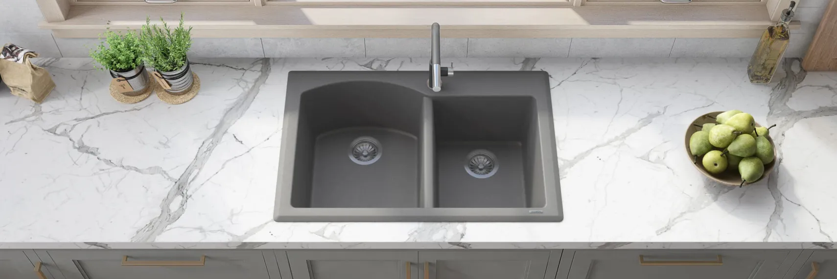Ruvati epiGranite 33" Dual-Mount Granite Composite Kitchen Sink, 55/45 Double Bowl, Urban Gray, RVG1344GR