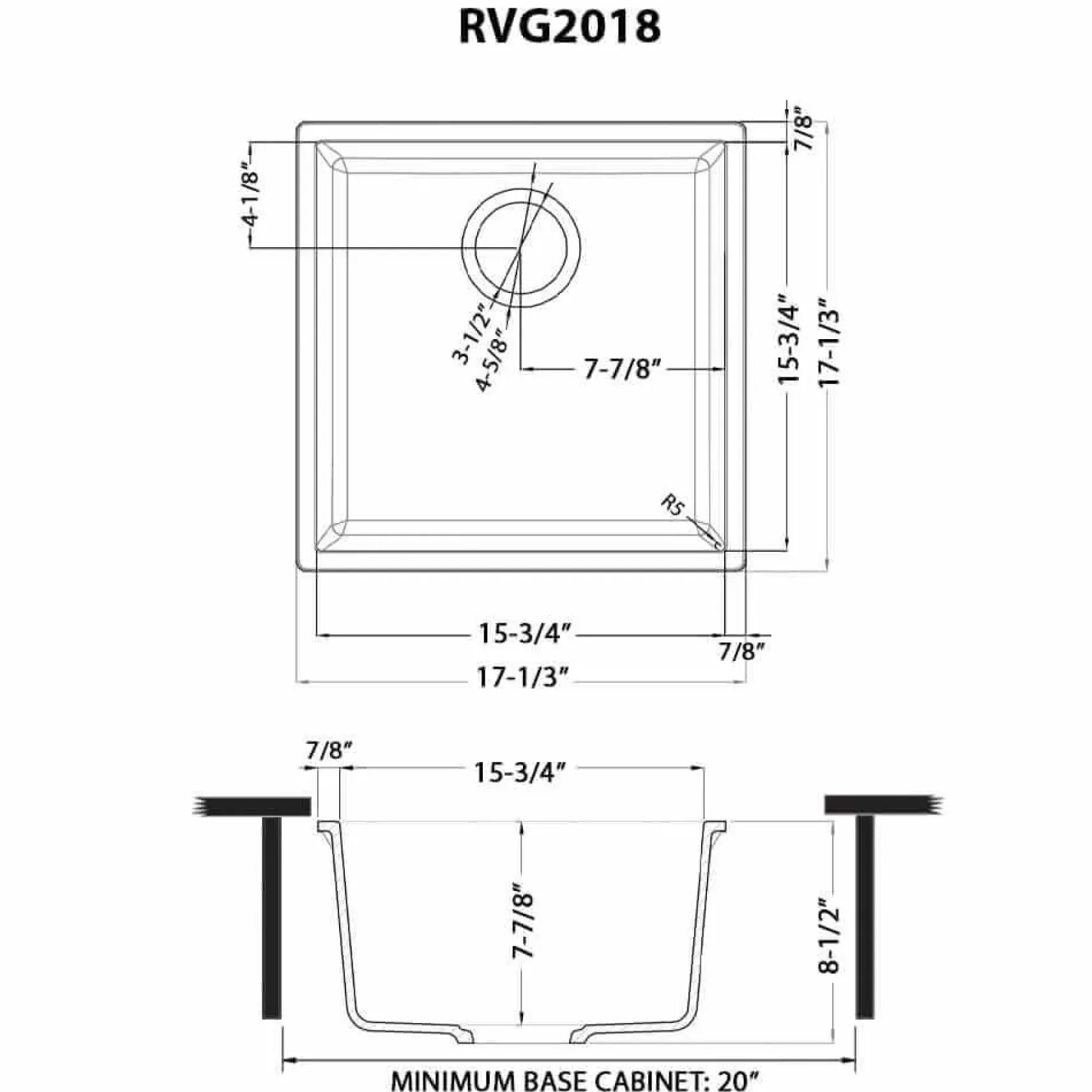 Ruvati epiGranite 17 x 17 inch Granite Composite Undermount Single Bowl Wet Bar Prep Sink, Midnight Black, RVG2018BK