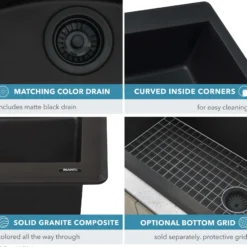 Ruvati epiGranite 32 x 19 inch Granite Composite Undermount Double Bowl Kitchen Sink, Midnight Black, RVG2388BK
