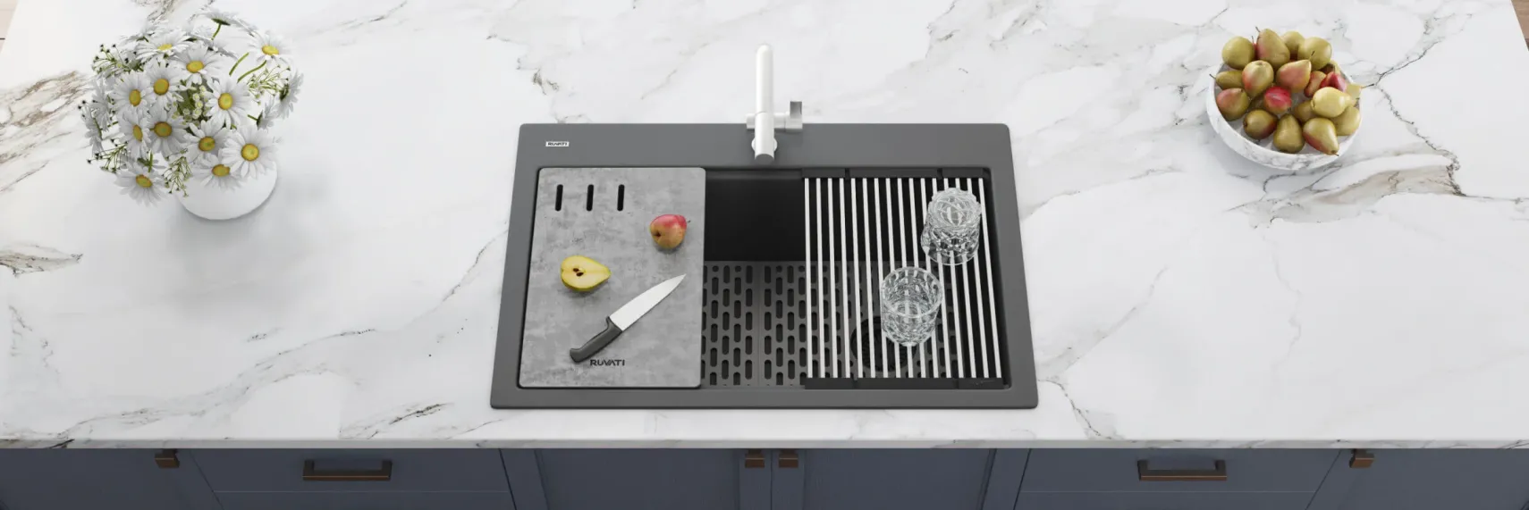 Ruvati epiStage 33" Drop-in Topmount Granite Composite Workstation Kitchen Sink, Urban Gray, RVG1302UG