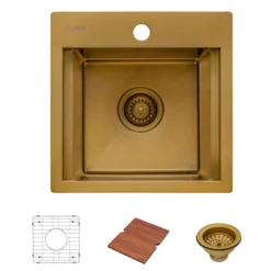 Ruvati Giana 15 inch Polished Brass Matte Gold Stainless Steel Workstation Wet Bar Sink Drop-in Topmount, 16, Matte Gold Satin Brass, RVH8215GG