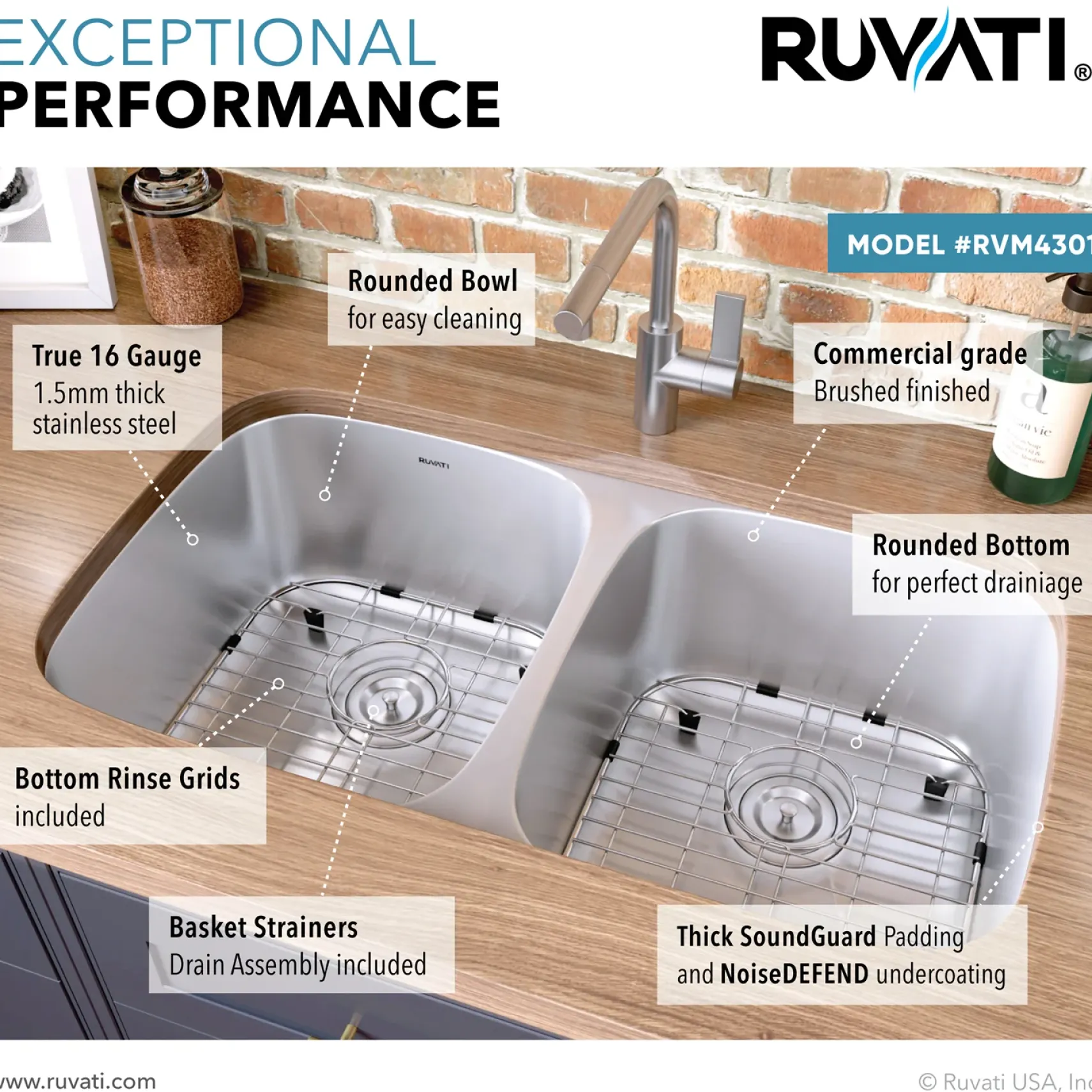 Ruvati Parmi 29" Undermount Stainless Steel Kitchen Sink, 50/50 Double Bowl, 16 Gauge, RVM4301