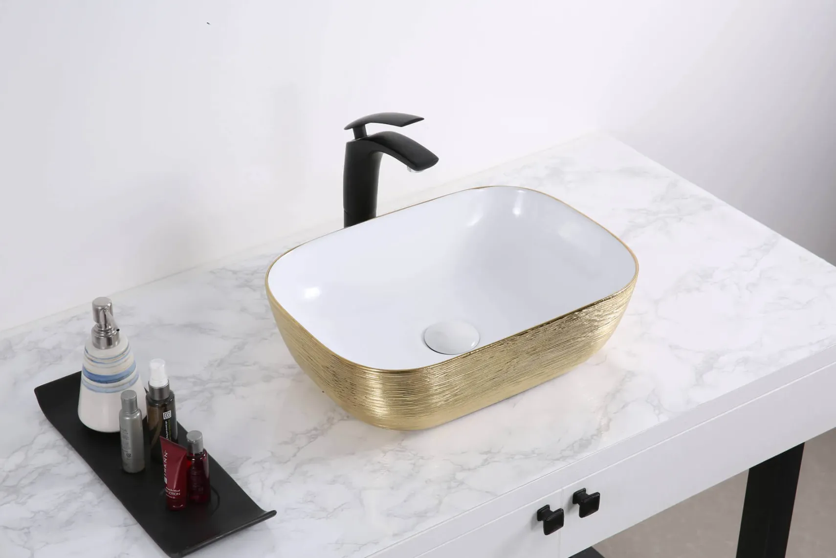 Ruvati Pietra 20" Decorative Rectangle Vessel Porcelain Above Vanity Counter Bathroom Sink, Gold / White, RVB2016WG