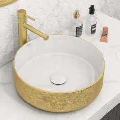 Ruvati Pietra 14" Decorative Rectangle Vessel Porcelain Above Vanity Counter Bathroom Sink, Gold / White, RVB0314WG