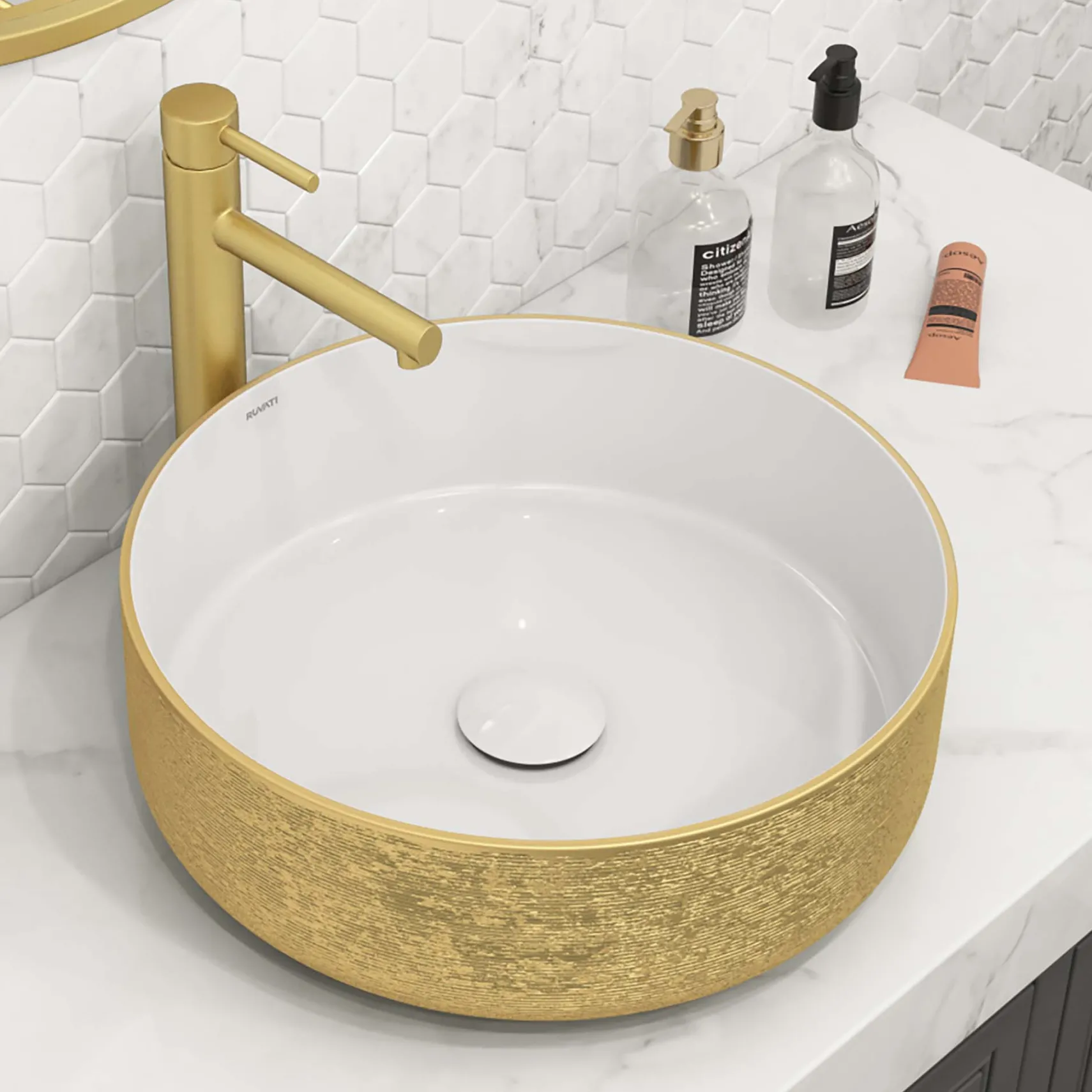 Ruvati Pietra 14" Decorative Rectangle Vessel Porcelain Above Vanity Counter Bathroom Sink, Gold / White, RVB0314WG