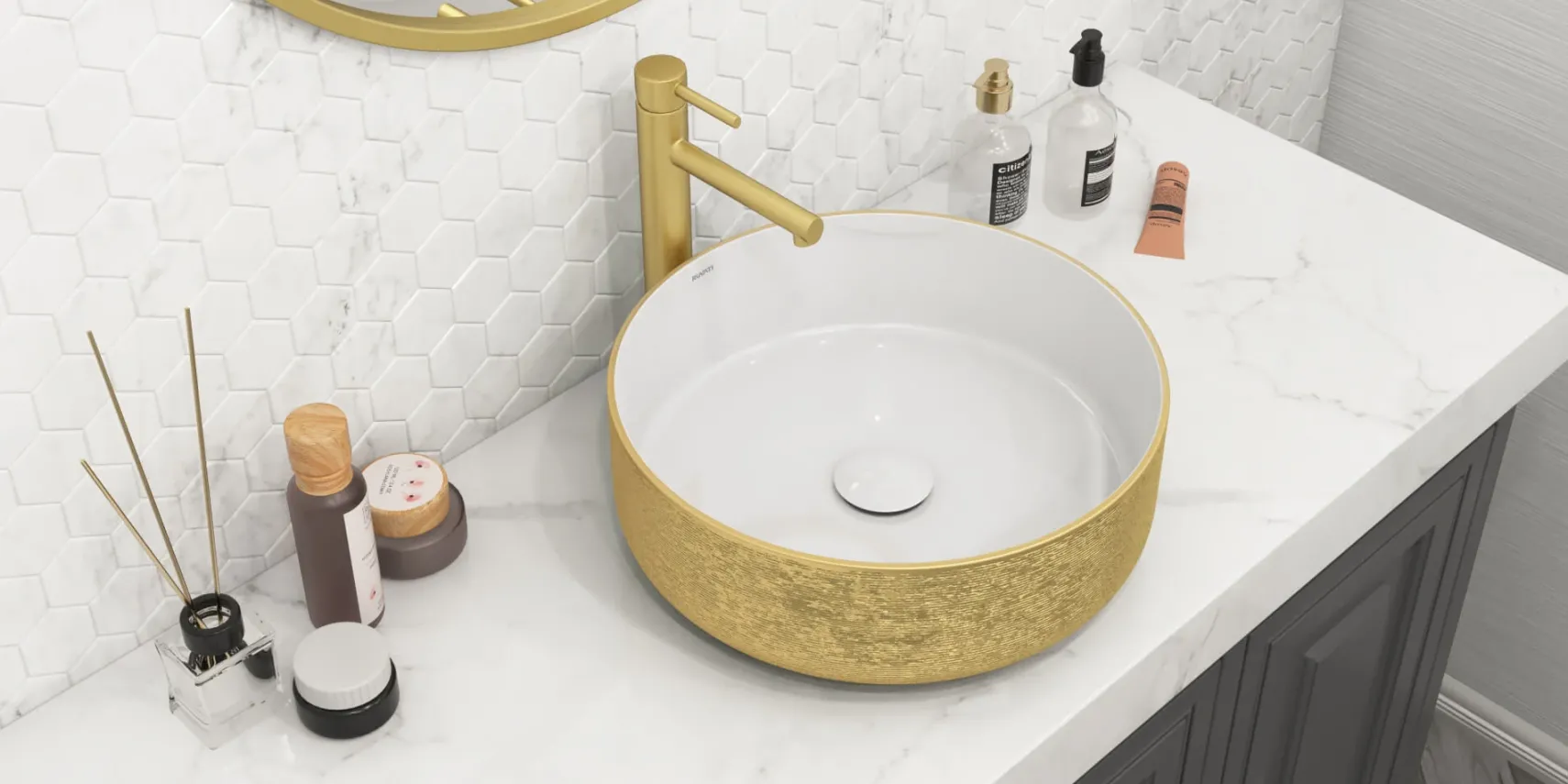 Ruvati Pietra 14" Decorative Rectangle Vessel Porcelain Above Vanity Counter Bathroom Sink, Gold / White, RVB0314WG