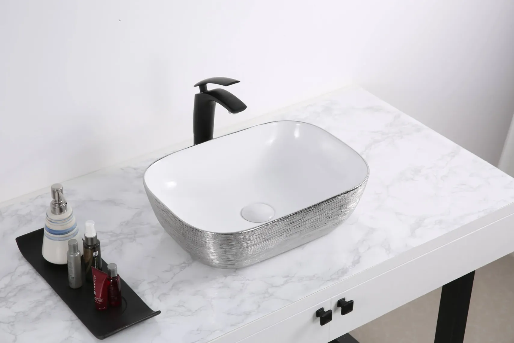 Ruvati Pietra 20" Decorative Rectangle Vessel Porcelain Above Vanity Counter Bathroom Sink, Silver / White, RVB2016WS