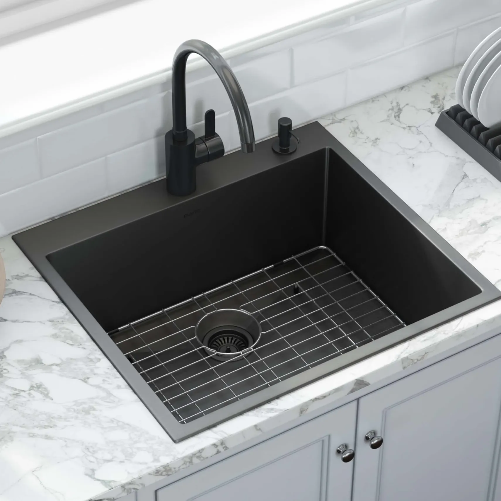 Ruvati Terraza 25" Drop-in Topmount Stainless Steel Kitchen Sink, Gunmetal Matte Black, 16 Gauge, RVH5007BL