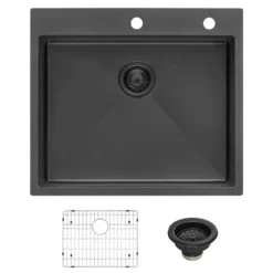 Ruvati Terraza 25" Drop-in Topmount Stainless Steel Kitchen Sink, Gunmetal Matte Black, 16 Gauge, RVH5007BL
