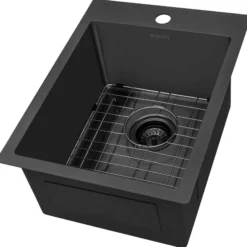 Ruvati Terraza 15 x 20 inch Gunmetal Black Stainless Steel Drop-in Topmount Bar Prep Sink Single Bowl, 16, RVH8110BL