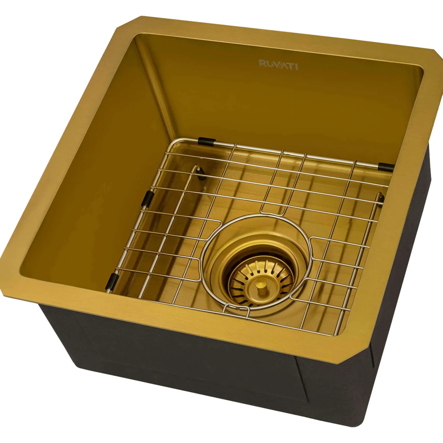 Ruvati Terraza 15-inch Polished Brass Matte Gold Stainless Steel Undermount Bar Prep 16 Gauge Kitchen Sink, 16, Matte Gold Satin Brass, RVH7015GG