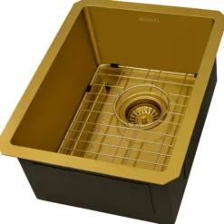 Ruvati Terraza 14-inch Polished Brass Matte Gold Stainless Steel Undermount Bar Prep Sink, 16, Matte Gold Satin Brass, RVH7114GG