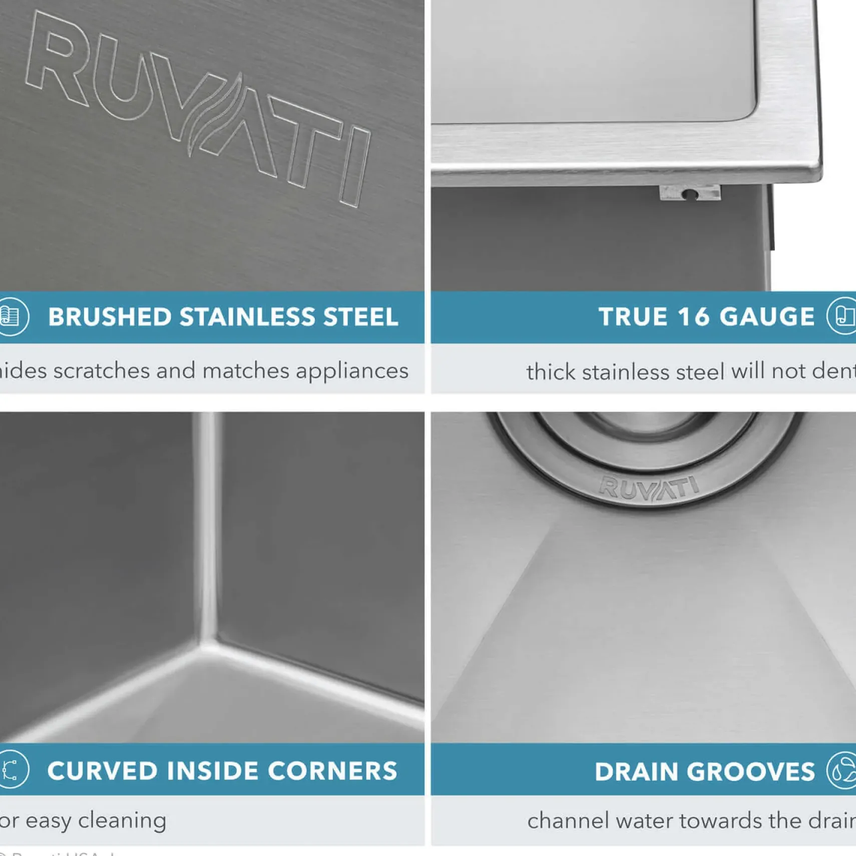 Ruvati Tirana Pro 24 x 20 inch Drop-in 16 Gauge Stainless Steel Rounded Corners Topmount Kitchen Sink Single Bowl, 16, RVH8014