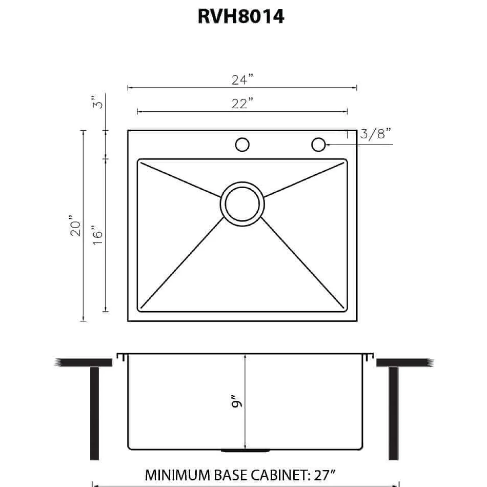 Ruvati Tirana Pro 24 x 20 inch Drop-in 16 Gauge Stainless Steel Rounded Corners Topmount Kitchen Sink Single Bowl, 16, RVH8014