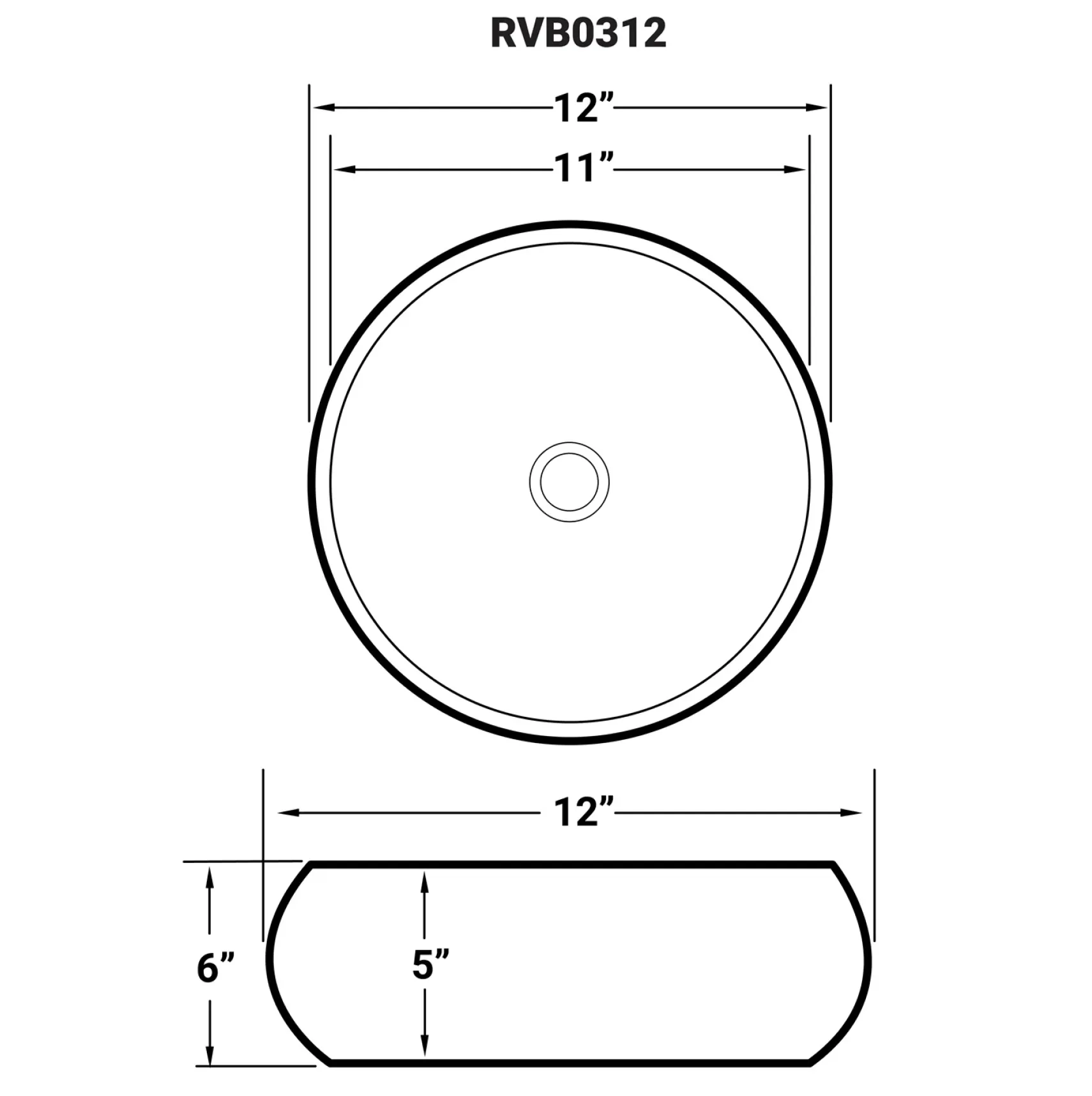 Ruvati Vista 12" Round Vessel Porcelain Above Counter Bathroom Sink, White, RVB0312