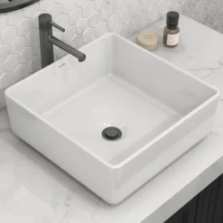 Ruvati Vista 16" Square Vessel Porcelain Above Counter Bathroom Sink, White, RVB1616