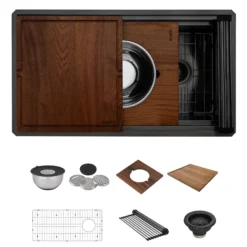 Ruvati Dual-Tier Pro 33-inch Gunmetal Black Stainless Steel Workstation Two-Tiered Ledge Kitchen Sink Undermount, 16, RVH6222BL