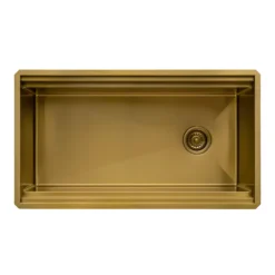 Ruvati Dual-Tier Pro 33-inch Polished Brass Matte Gold Stainless Steel Workstation Two-Tiered Ledge Undermount Kitchen Sink, 16, Matte Gold Satin Brass, RVH6222GG