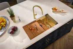 Ruvati Dual-Tier Pro 33-inch Polished Brass Matte Gold Stainless Steel Workstation Two-Tiered Ledge Undermount Kitchen Sink, 16, Matte Gold Satin Brass, RVH6222GG