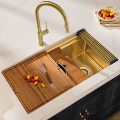 Ruvati Dual-Tier Pro 33-inch Polished Brass Matte Gold Stainless Steel Workstation Two-Tiered Ledge Undermount Kitchen Sink, 16, Matte Gold Satin Brass, RVH6222GG