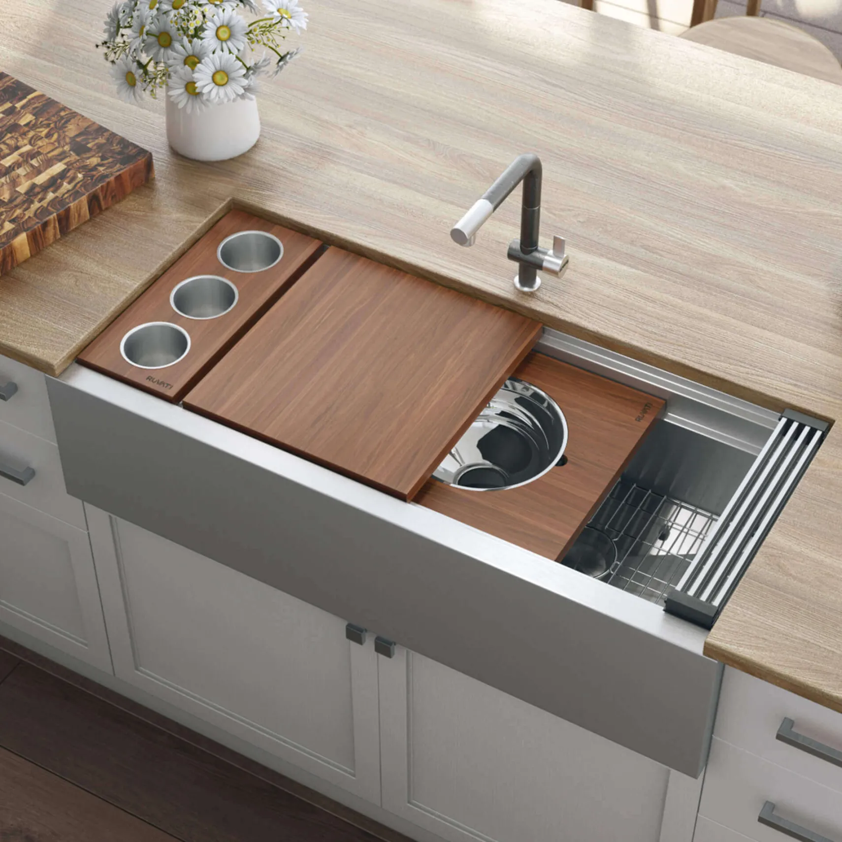 Ruvati Dual-Tier 45" Stainless Steel Workstation Apron-front Farmhouse Sink, 16 Gauge, RVH9333