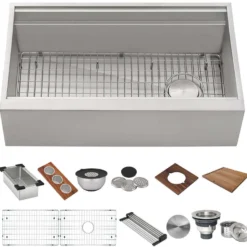 Ruvati Dual-Tier 45" Stainless Steel Workstation Apron-front Farmhouse Sink, 16 Gauge, RVH9333