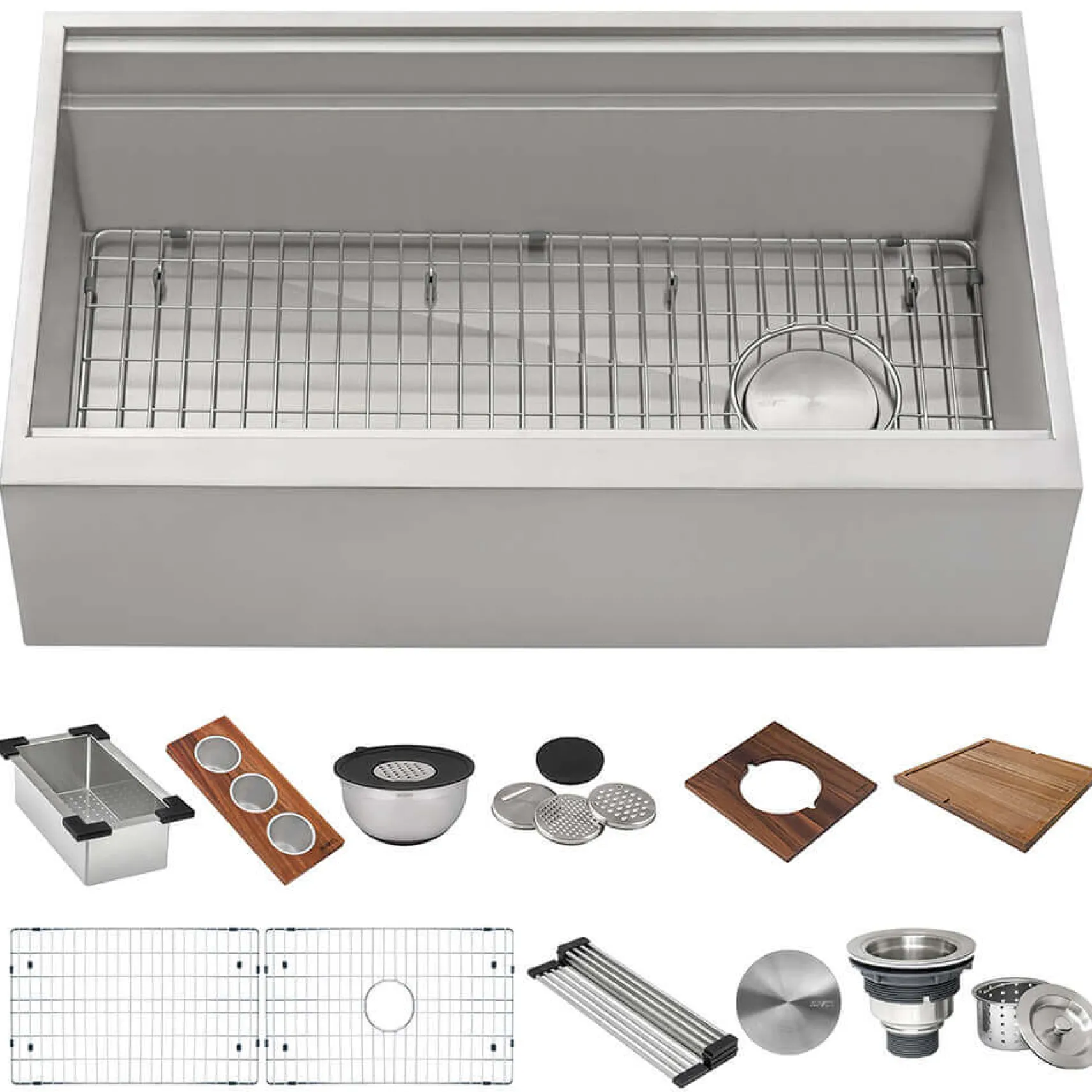 Ruvati Dual-Tier 45" Stainless Steel Workstation Apron-front Farmhouse Sink, 16 Gauge, RVH9333