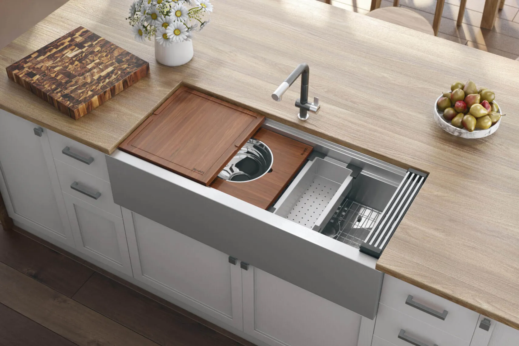 Ruvati Dual-Tier 45" Stainless Steel Workstation Apron-front Farmhouse Sink, 16 Gauge, RVH9333
