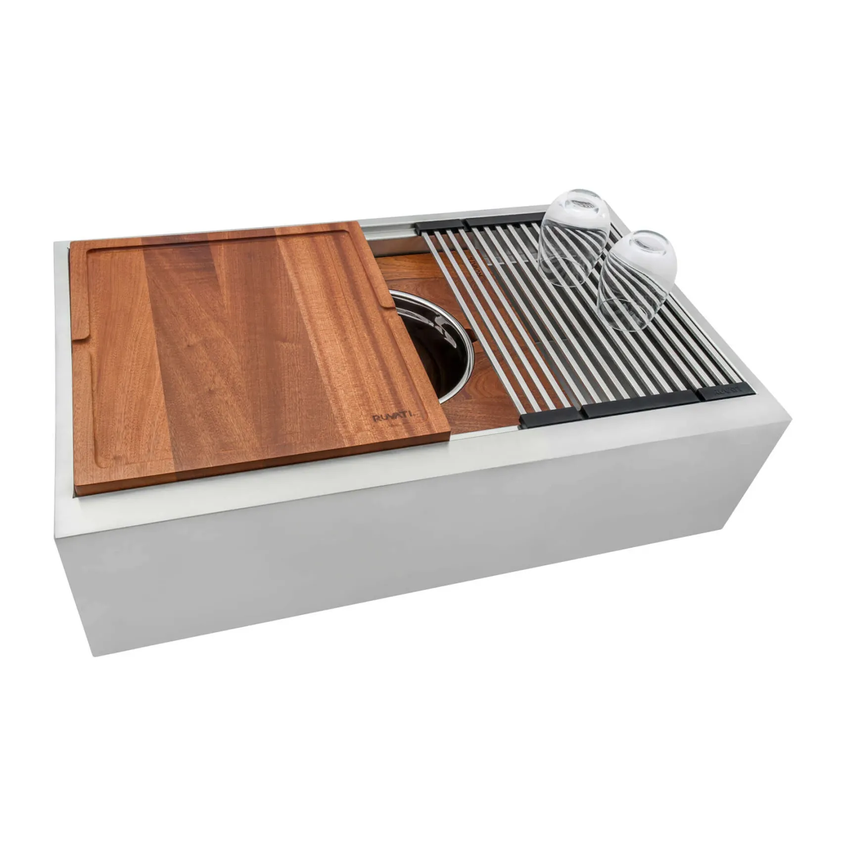 Ruvati Dual-Tier 34" Stainless Steel Workstation Apron-front Farmhouse Sink, 16 Gauge, RVH9222
