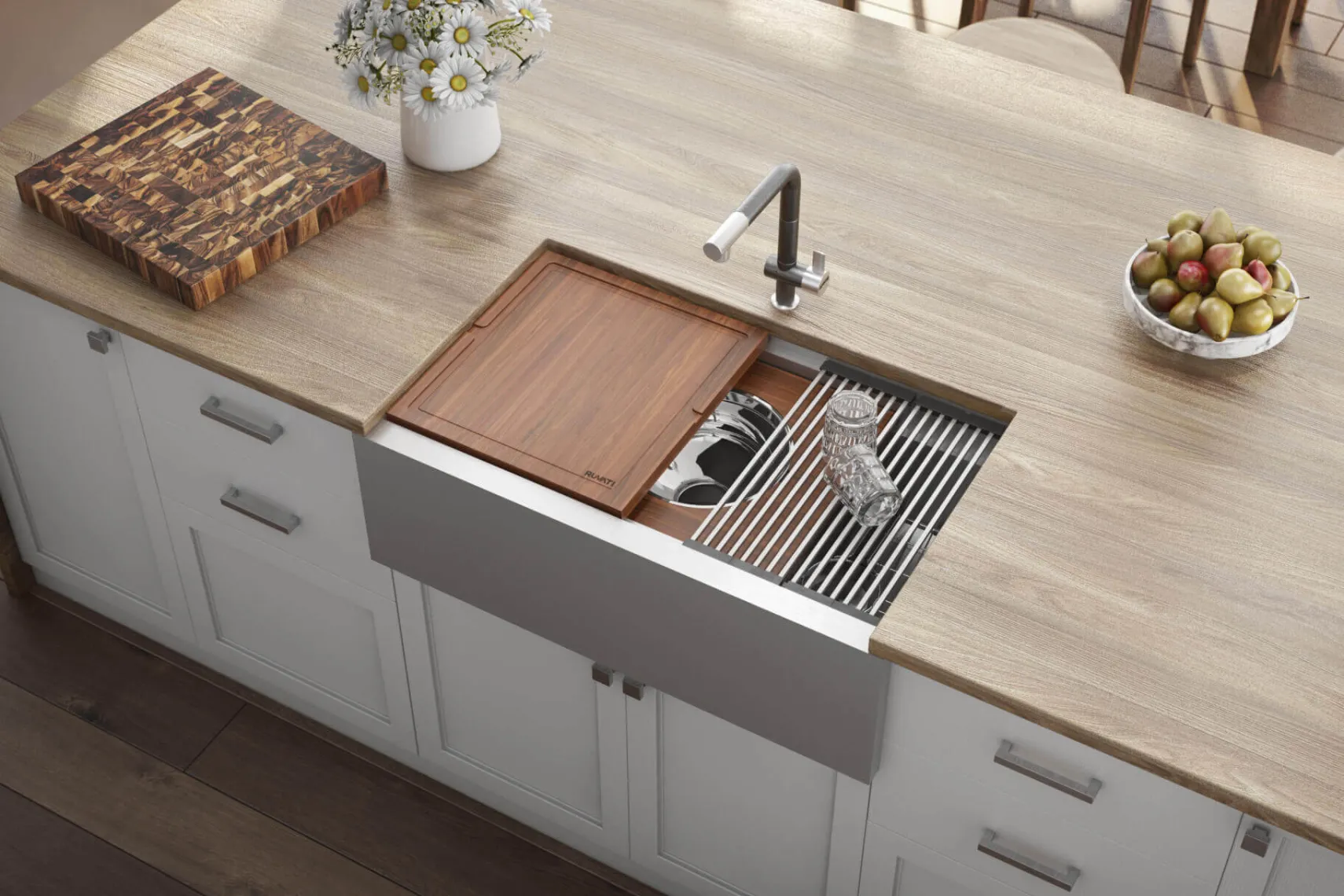 Ruvati Dual-Tier 34" Stainless Steel Workstation Apron-front Farmhouse Sink, 16 Gauge, RVH9222