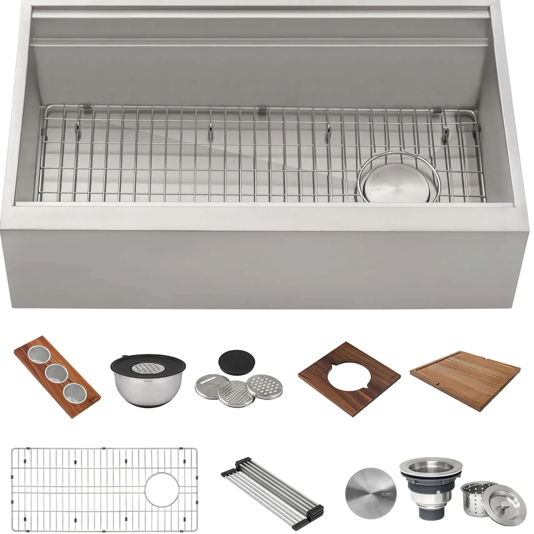 Ruvati Dual-Tier 34" Stainless Steel Workstation Apron-front Farmhouse Sink, 16 Gauge, RVH9222
