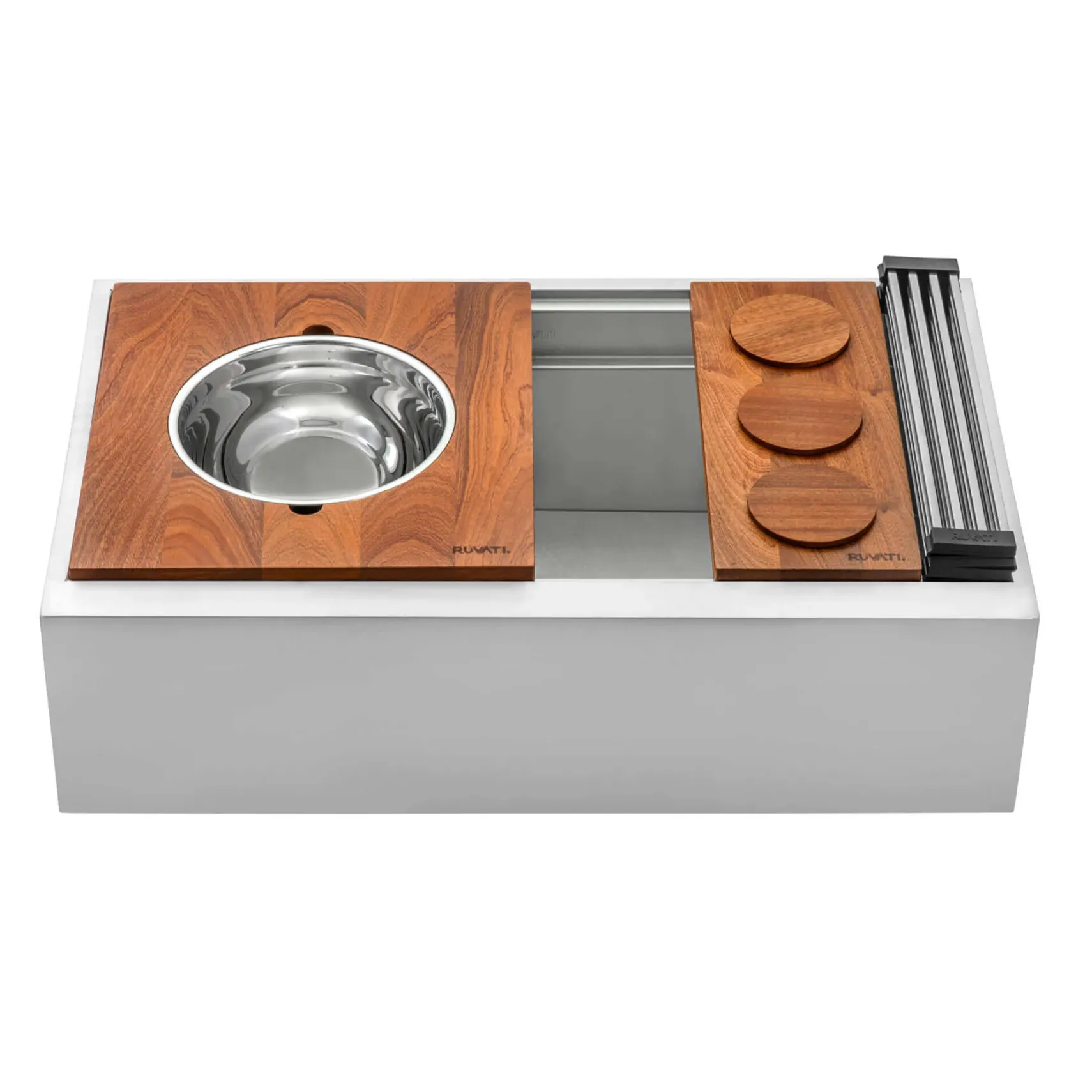 Ruvati Dual-Tier 34" Stainless Steel Workstation Apron-front Farmhouse Sink, 16 Gauge, RVH9222
