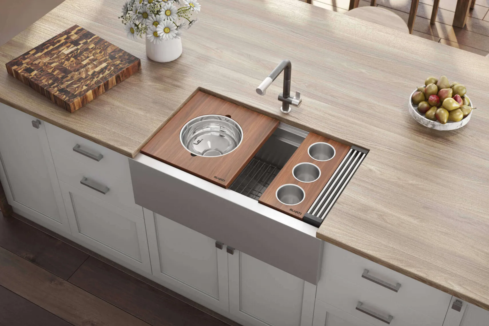 Ruvati Dual-Tier 34" Stainless Steel Workstation Apron-front Farmhouse Sink, 16 Gauge, RVH9222