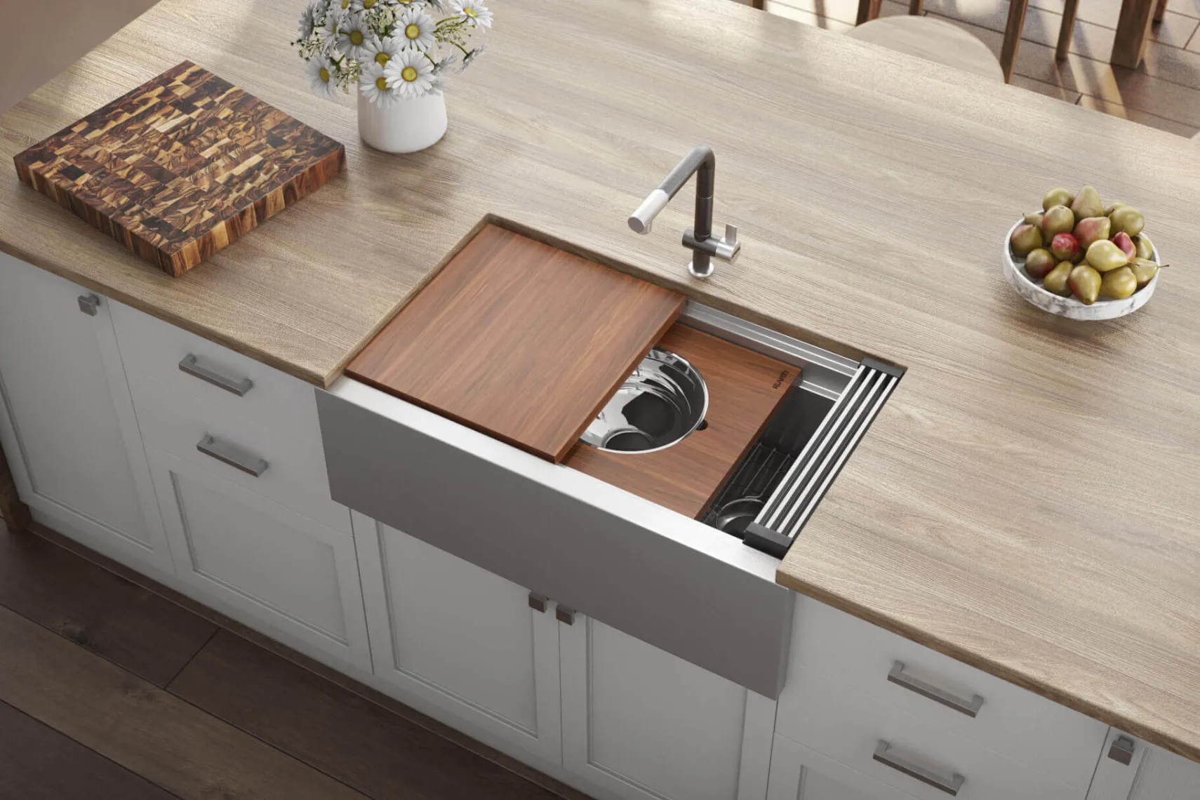 Ruvati Dual-Tier 34" Stainless Steel Workstation Apron-front Farmhouse Sink, 16 Gauge, RVH9222