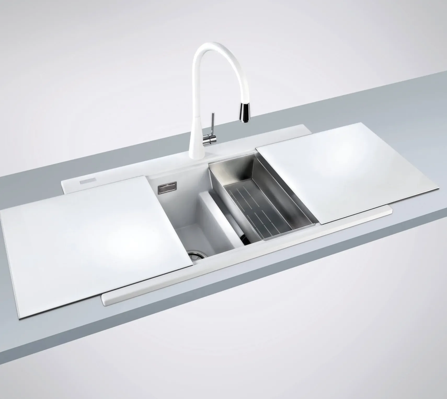 Ruvati epiGranite 34" Drop In Granite Composite Workstation Kitchen Sink, 50/50 Arctic White, RVG1350WH