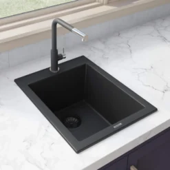 Ruvati epiGranite 16" Drop-in Topmount Granite Composite Bar/Prep Sink, Midnight Black, RVG1016BK