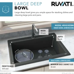 Ruvati epiGranite 33" Drop-in Topmount Granite Composite Kitchen Sink, Midnight Black, RVG1033BK
