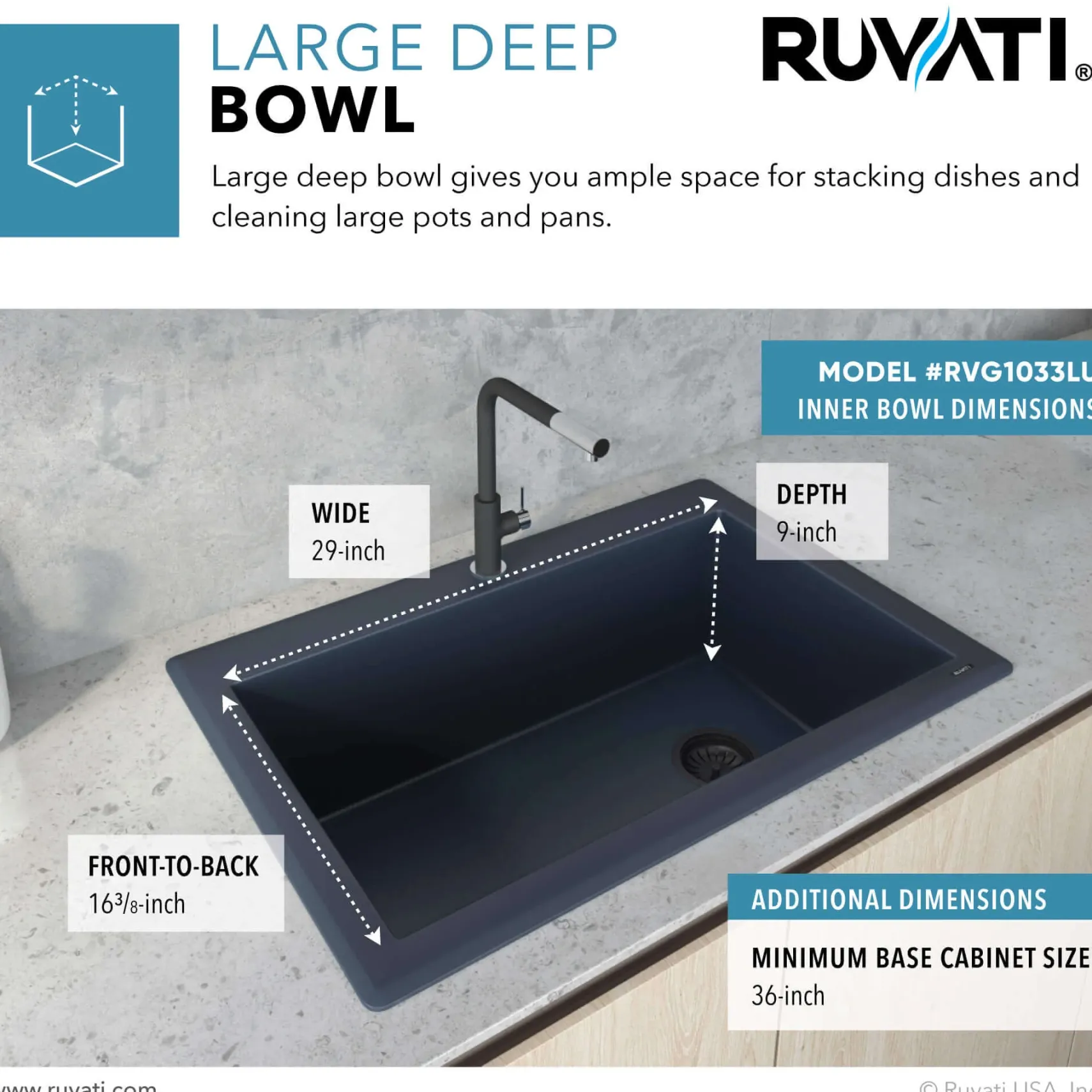 Ruvati epiGranite 33" Drop-in Topmount Granite Composite Kitchen Sink, Catalina Blue, RVG1033LU