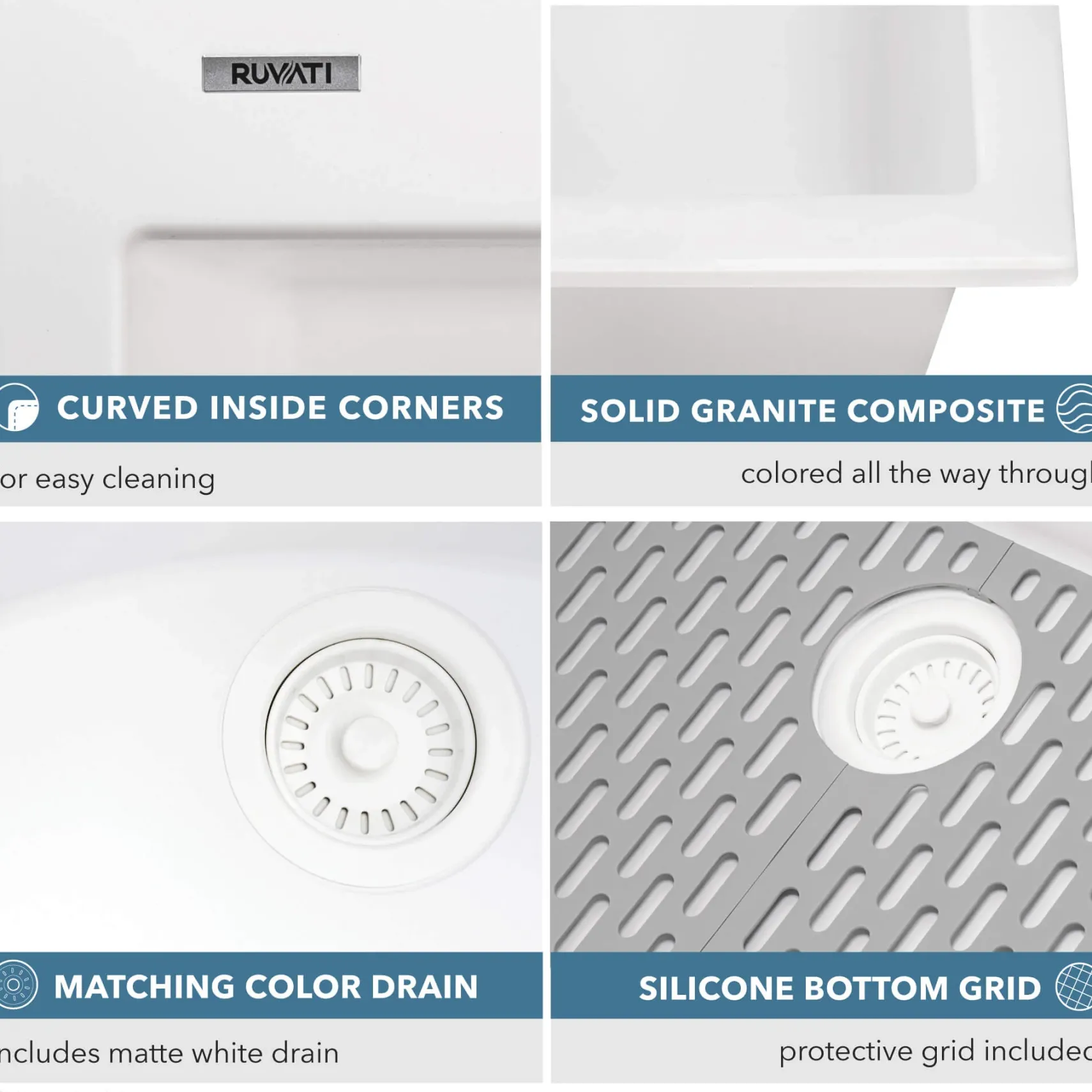 Ruvati epiGranite 30" Drop-in Topmount Granite Composite Kitchen Sink, Arctic White, RVG1030WH