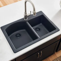 Ruvati epiGranite 33" Dual-Mount Granite Composite Kitchen Sink, 55/45 Double Bowl, Midnight Black, RVG1344BK